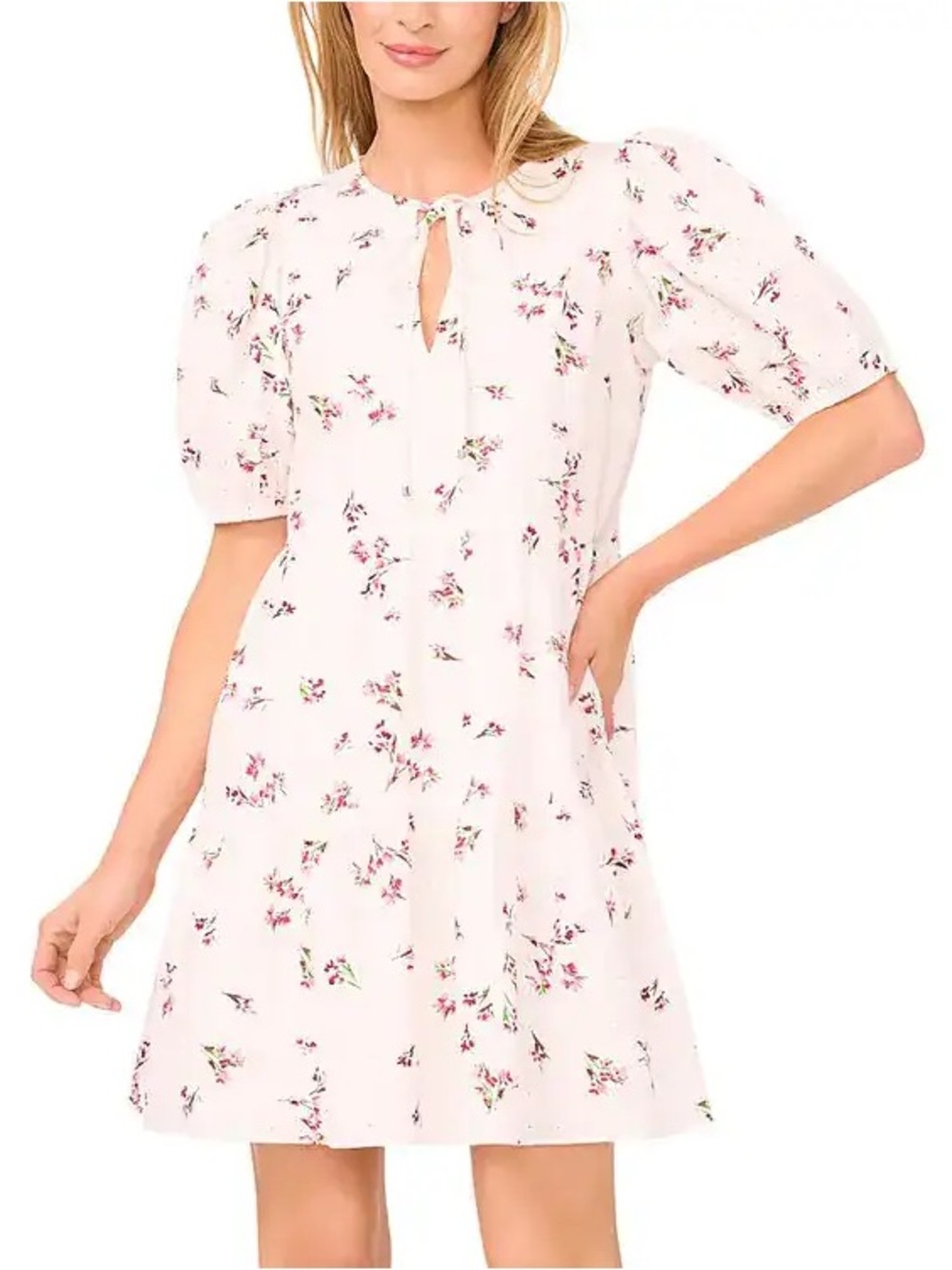 NEW CeCe Women's Printed Cotton Eyelet Puff-Sleeve A-Line Dress Size L - Picture 4 of 8